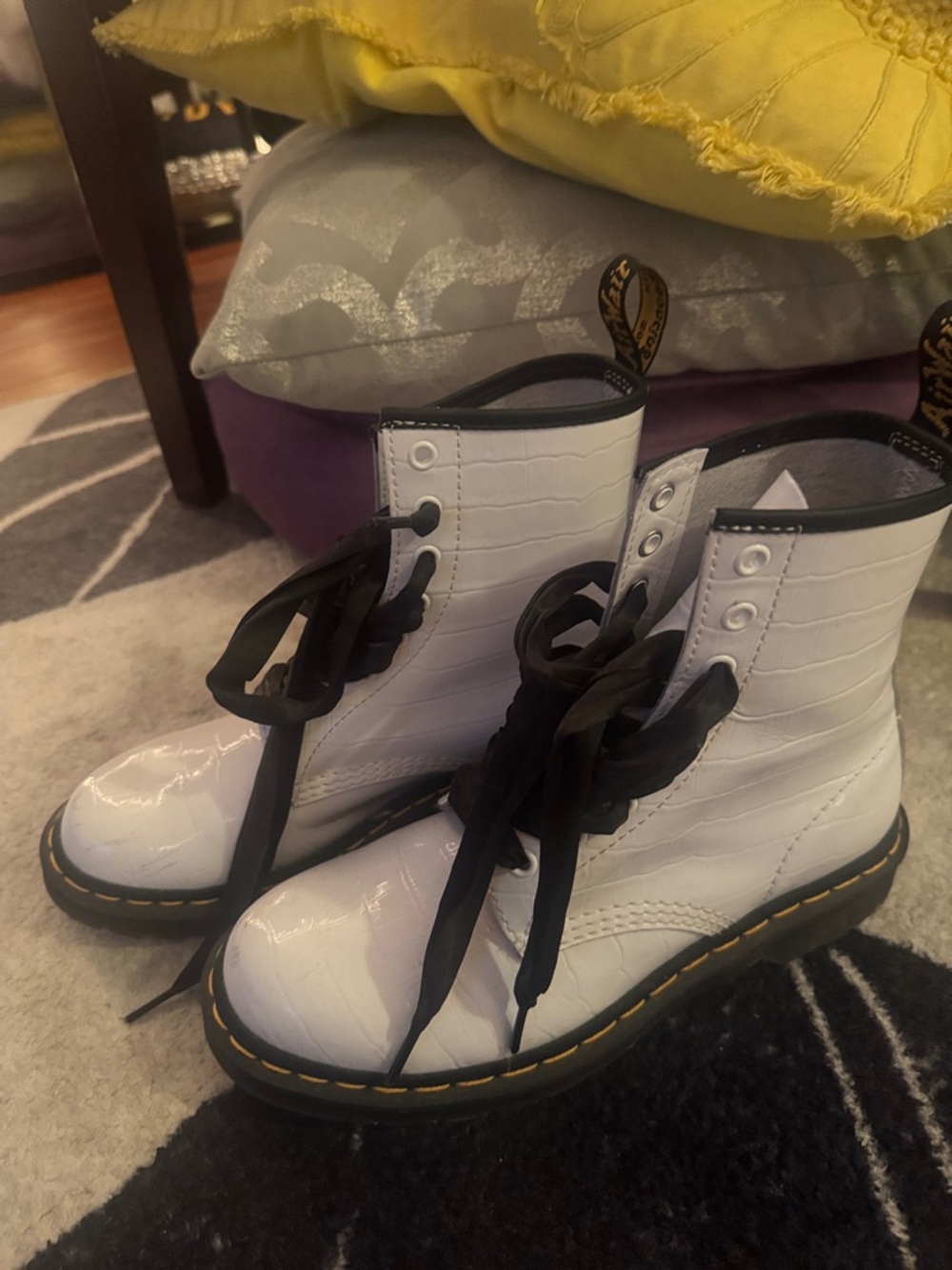 White Doc Martens Croc-Embossed Lace-Up Combat Boots with Black Ribbon Laces